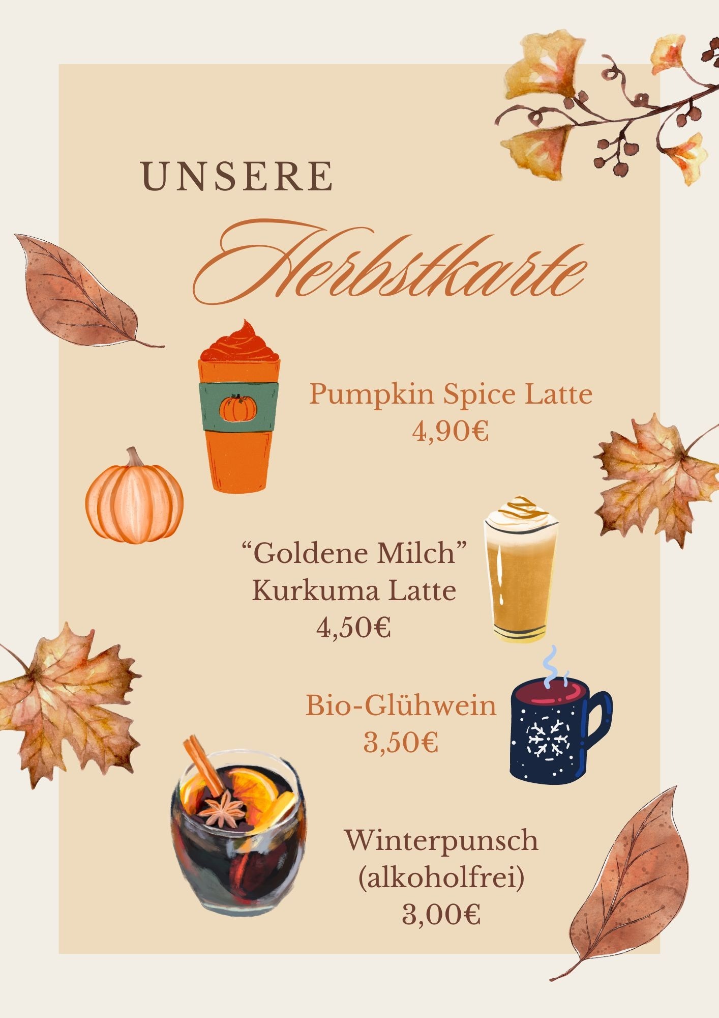 Unsere Herbstkarte mit Pumpkin Spice Latte, Goldene Milch Kurkuma Latte, Bio-Glühwein und Winterpunsch